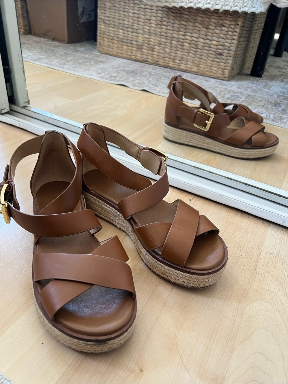 Michael Kors Brown Leather Espadrille Wedge Sandals